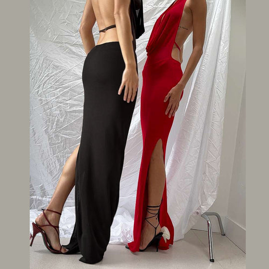 Damen Elegantes Maxikleid mit tiefem V-Ausschnitt und seitlichen Cut-Outs EB