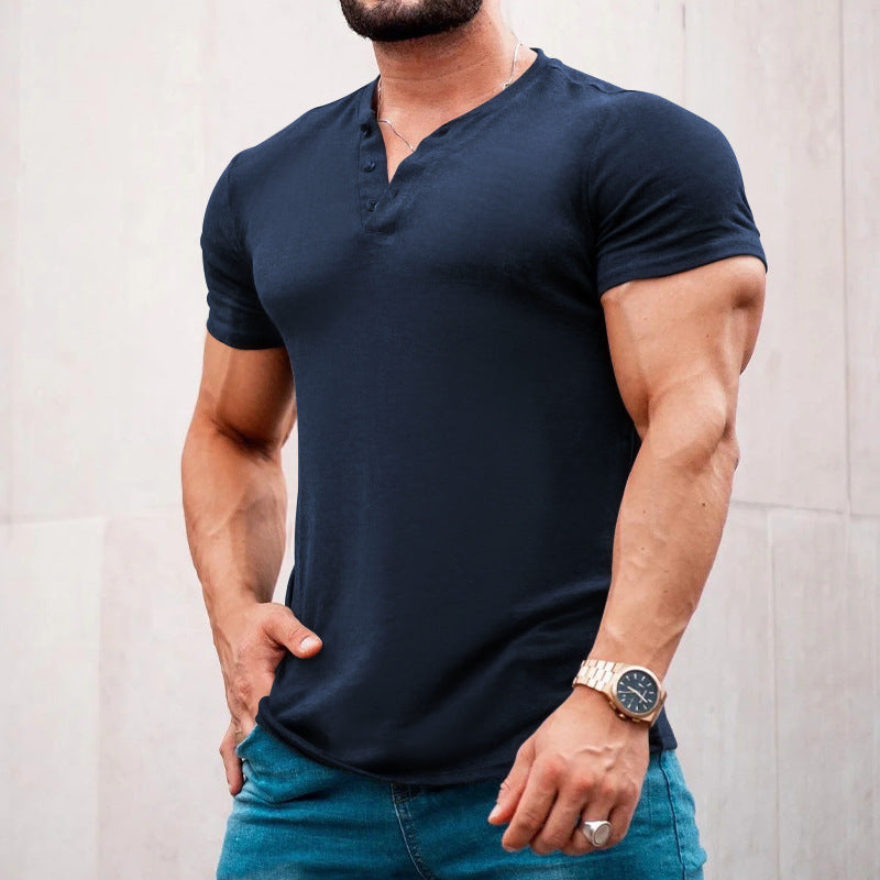 Herren Kurzarm-Henley-T-Shirt aus atmungsaktiver Baumwolle mit dekorativer Knopfleiste EB