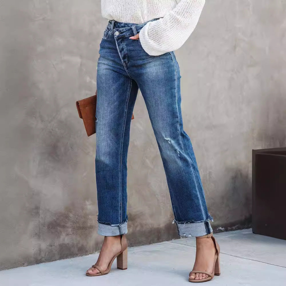Damen lässige Flared Jeans mit modischen Fransen und hohem Bund EB