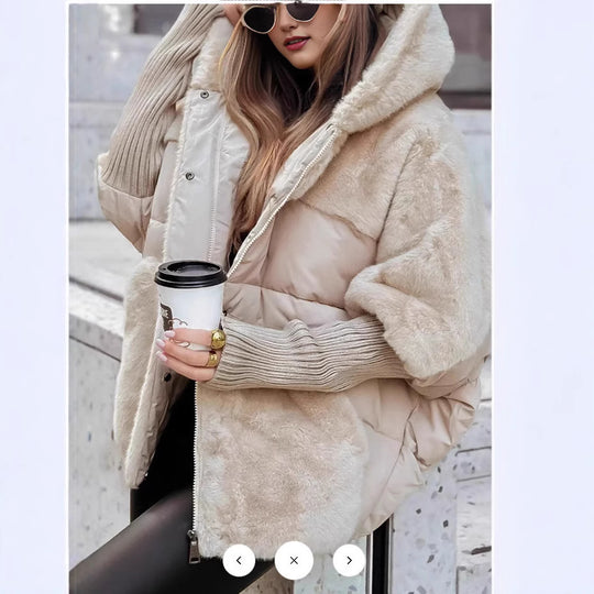Damen nan oversized gesteppte Winterjacke mit Kunstfellpanelen, Kapuze und integrierten Rippenärmel-Details EB