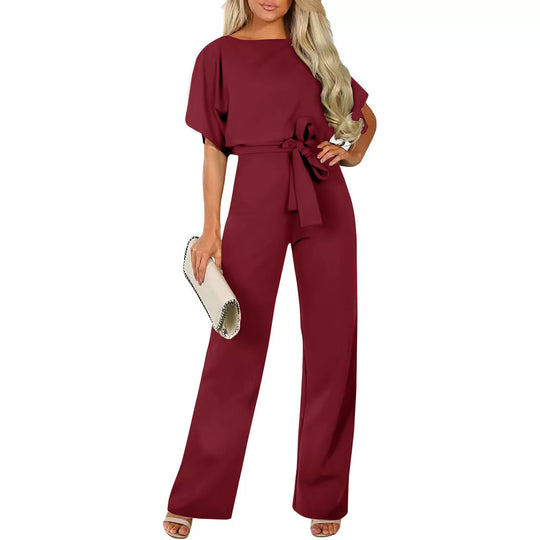 Damen Eleganter Jumpsuit mit weitem Bein und Taillenknoten EB