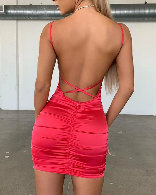 Damen figurbetontes Kleid mit Spaghettiträgern und elegantem Rüschendesign EB