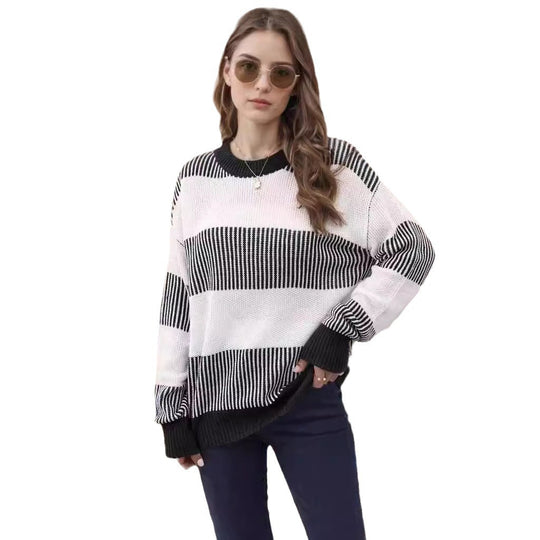 Damen gestreifter Strickpullover mit weitem Schnitt EB