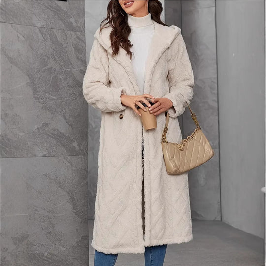 Damen Fluffy Mantel mit Kapuze und Knopfverschluss EB