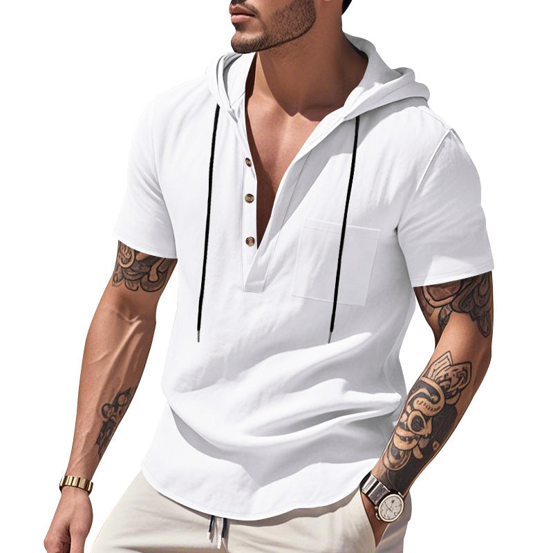 Herren nan legere Kurzarm-Kapuzen-Henley aus Single-Jersey mit Brusttasche und Kontrastkordel EB