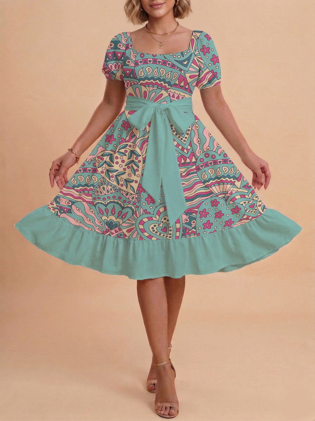 Damen A-Linien-Kleid mit floralen Motiven und taillierbarem Gürtel EB