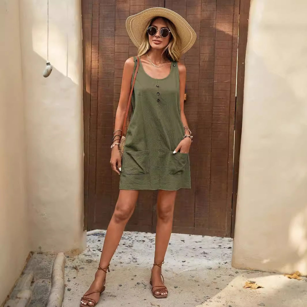 Damen Lässiges Sommerkleid mit Taschen und Knopfdetails EB