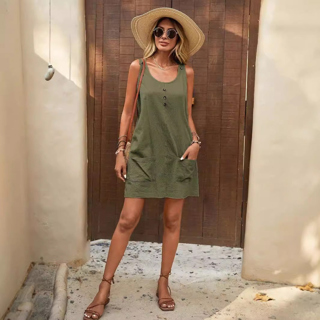 Damen Lässiges Sommerkleid mit Taschen und Knopfdetails EB