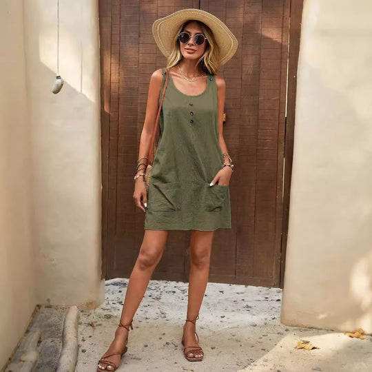 Damen Lässiges Sommerkleid mit Taschen und Knopfdetails EB