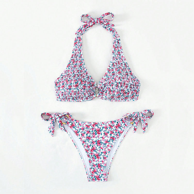 Damen Triangel-Bikini mit buntem Blumenmuster und verstellbaren Bindebändern EB