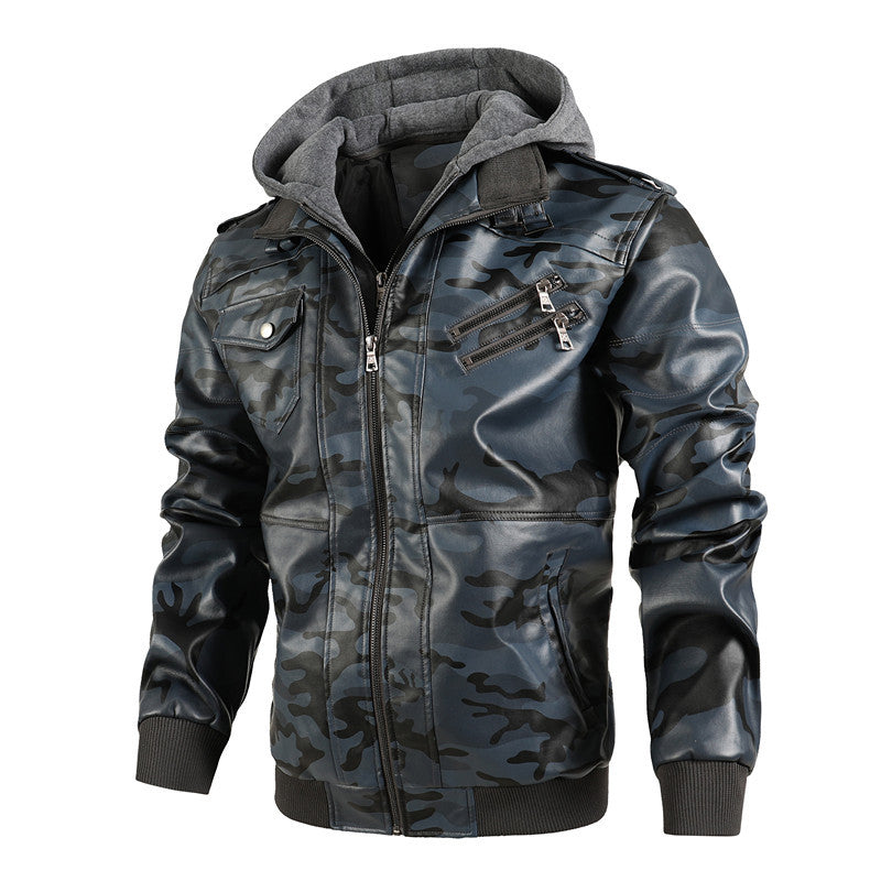 Herren Kunstlederjacke mit abnehmbarer Kapuze und multifunktionalen Taschen EB