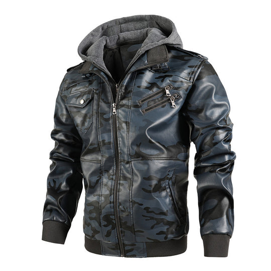 Herren Kunstlederjacke mit abnehmbarer Kapuze und multifunktionalen Taschen EB