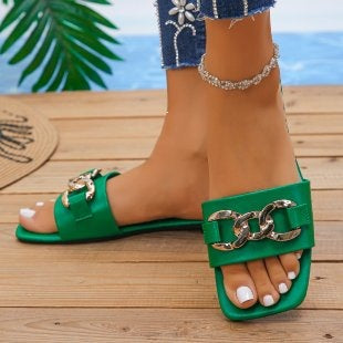 Damen Modische Riemenslipper mit dekorativem Ketten-Detail EB