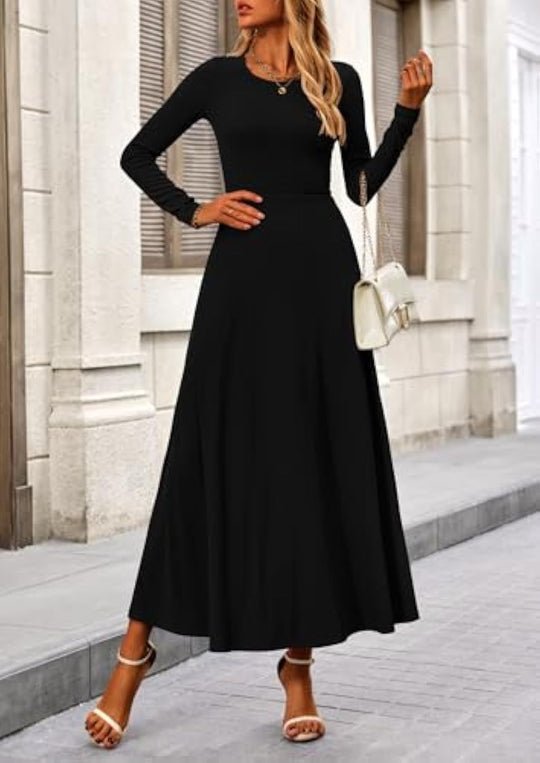 Damen Langärmeliges Maxikleid mit tailliertem Oberteil und fließendem A-Linien-Rock EB