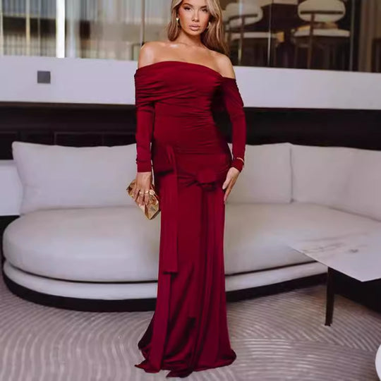 Damen Elegantes Maxikleid mit Rüschendetails und Off-Shoulder-Ausschnitt EB