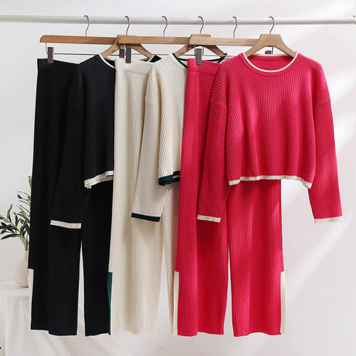 Damen lässiges Strickensemble mit hohem Bund und kontrastierenden Bündchen EB