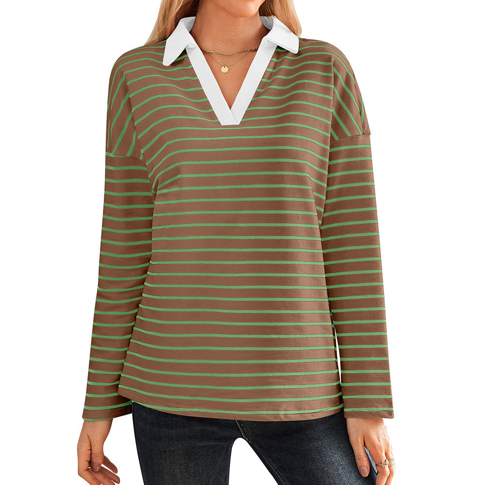 Damen gestreiftes Polo-Shirt mit V-Ausschnitt und kontrastierendem Kragen EB