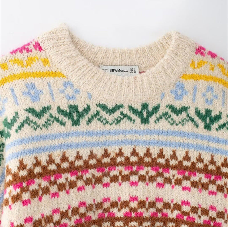 Damen Strickpullover mit floralem Mustermix und lässigem Schnitt EB