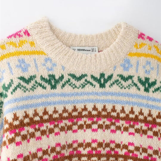Damen Strickpullover mit floralem Mustermix und lässigem Schnitt EB