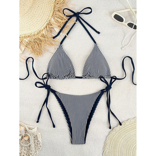 Damen gestreifter Triangel-Bikini-Set EB