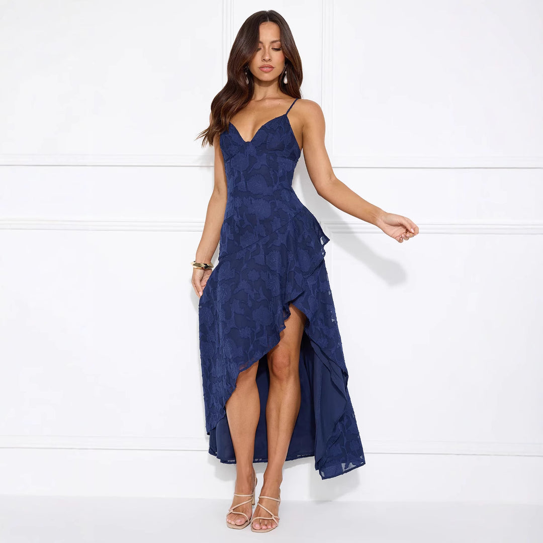 Damen Elegantes asymmetrisches Abendkleid mit feinen Spaghetti-Trägern und Rüschen EB