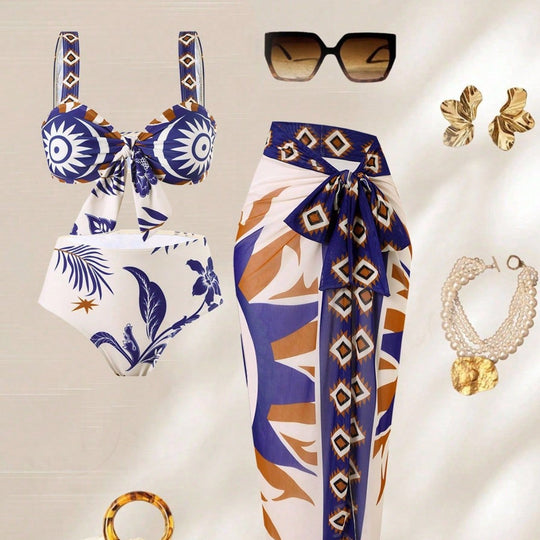 Damen Bandeau-Bikini-Set mit elegantem Überrock EB