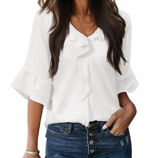 Damen Luftiges Blusenshirt mit Rüschendetails und V-Ausschnitt EB