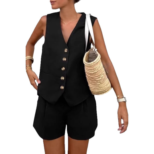 Damen elegantes Jumpsuit-Set mit tailliertem Schnitt und dekorativen Knopfdetails EB
