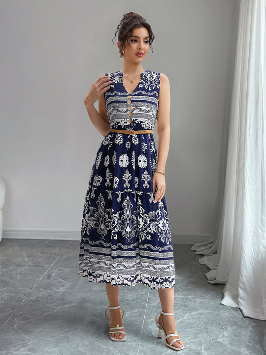 Damen Midi-Kleid mit Knopfleiste und traumhaftem Muster EB