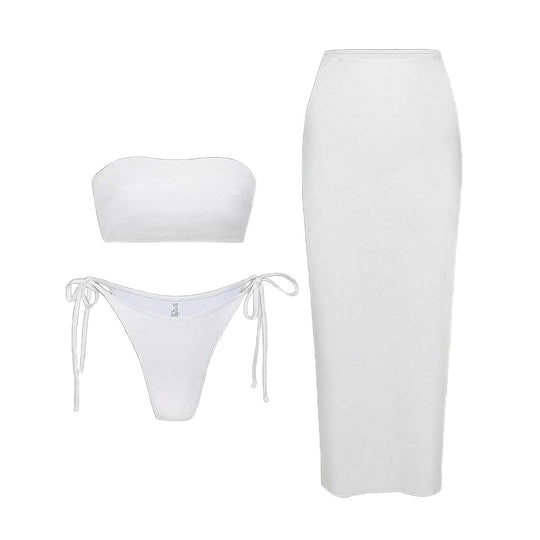 Damen Bikini-Set mit elegantem Bandeau-Oberteil und verspieltem Maxirock EB