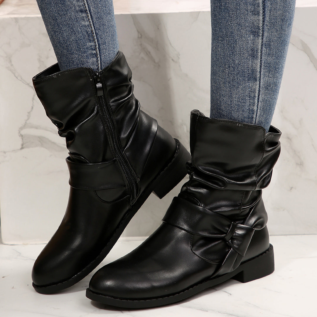 Damen Stiefeletten mit modischem Falten-Design und dekorativem Schleifenverschluss EB