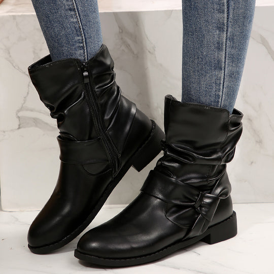 Damen Stiefeletten mit modischem Falten-Design und dekorativem Schleifenverschluss EB