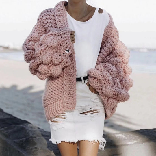 Damen Grob gestrickte Oversized-Jacke mit hohem Kragen und Kapuzendesign EB