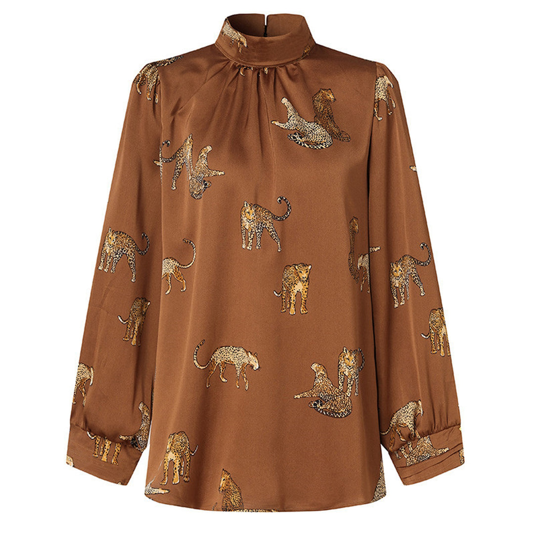 Damen Hochgeschlossenes Satinblusenshirt mit Stehkragen und Animal‑Print EB