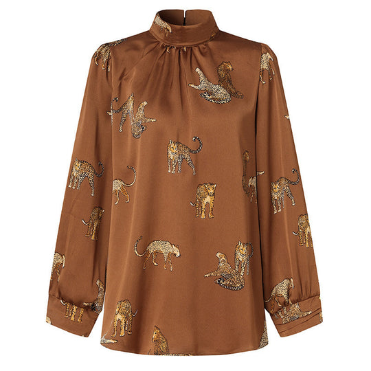 Damen Hochgeschlossenes Satinblusenshirt mit Stehkragen und Animal‑Print EB