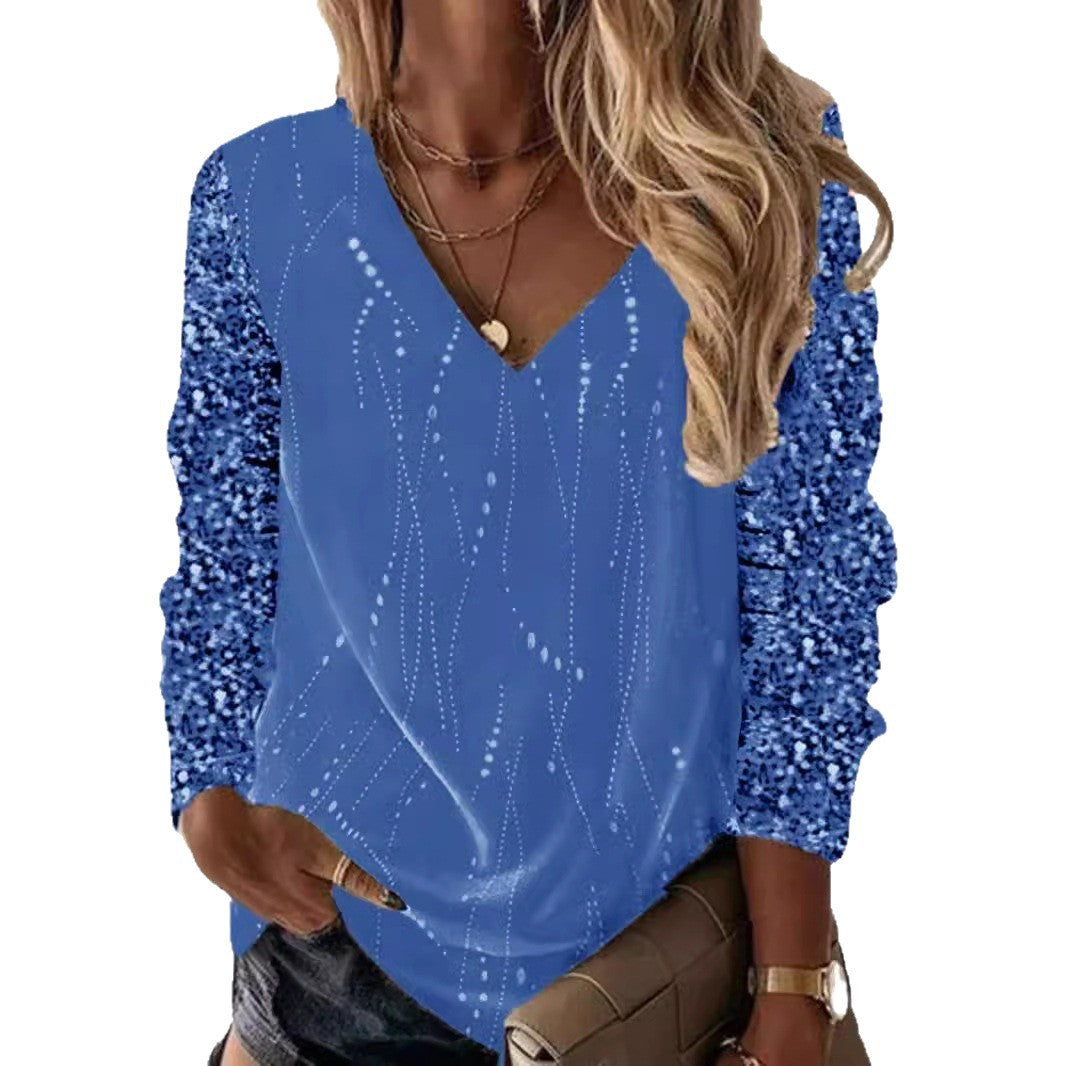Damen Festliche V-Ausschnitt Bluse mit Paillettenärmeln und leichter Drapierung EB