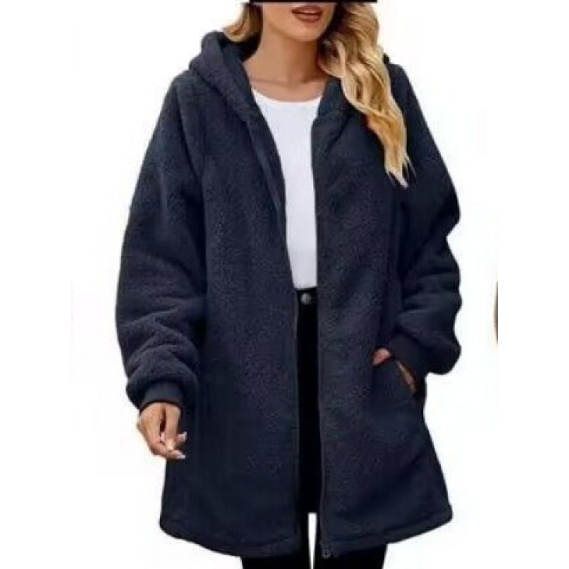 Damen weiche und kuschelige Fleecejacke mit Kapuze und Seitentaschen EB