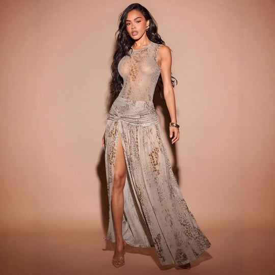 Damen Fließendes Strandkleid mit origineller Raffung und hohem Schlitz EB