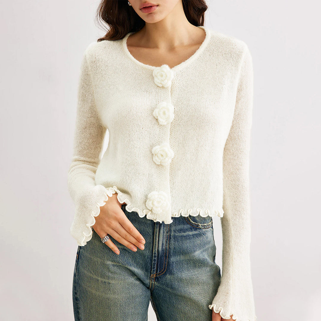 Damen kurze Strickjacke mit dekorativem Blumenknopf EB