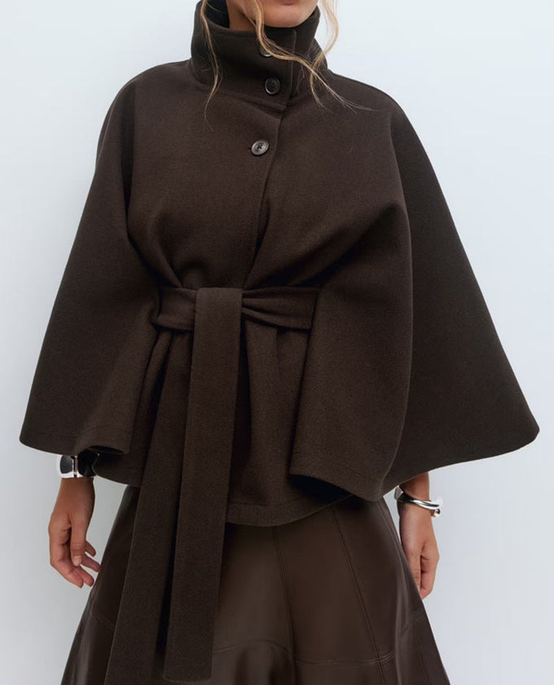Damen modische Wolljacke mit hohem Kragen und Gürtel EB