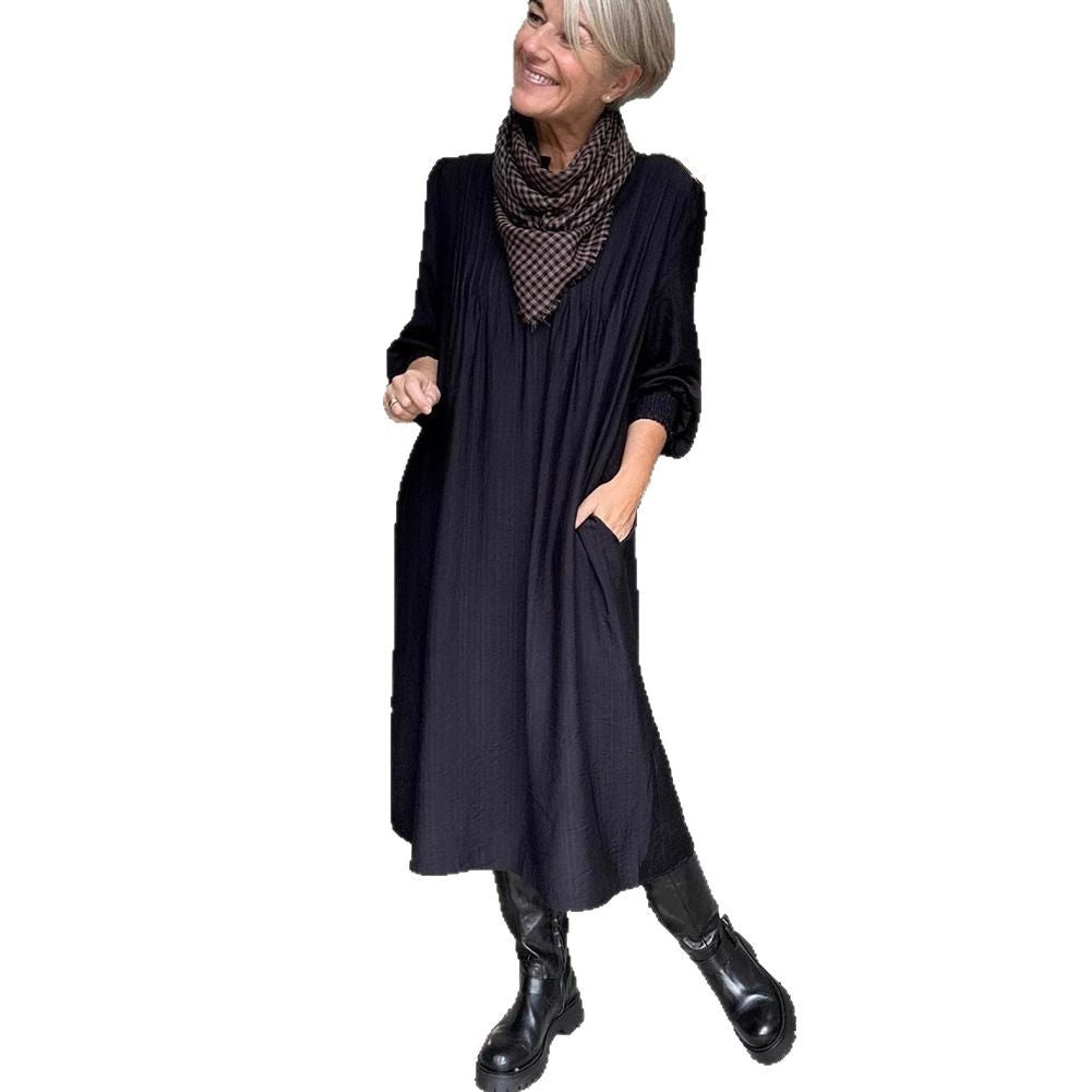 Damen Midikleid mit eleganter Faltenstruktur und praktischen Taschen Heidi-Mode