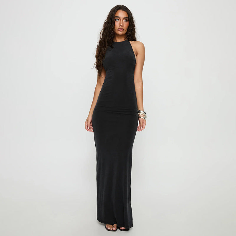 Damen elegantes Maxikleid mit haltem Ausschnitt und figurbetontem Schnitt EB