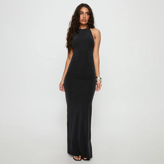 Damen elegantes Maxikleid mit haltem Ausschnitt und figurbetontem Schnitt EB