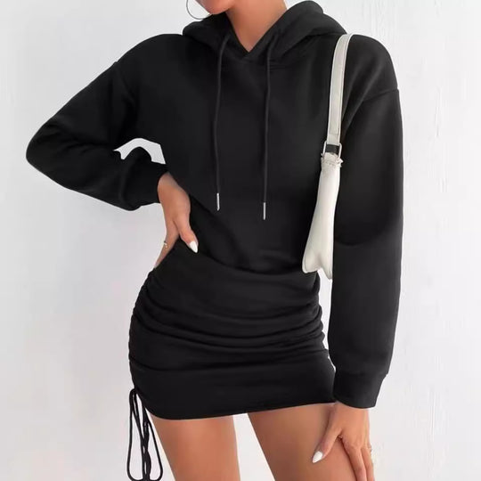 Damen Kapuzenkleid mit gerafftem Saum und bequemem Schnitt EB