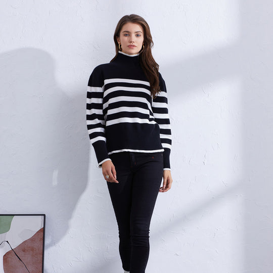 Damen hochwertiger gestreifter Pullover mit Stehkragen EB