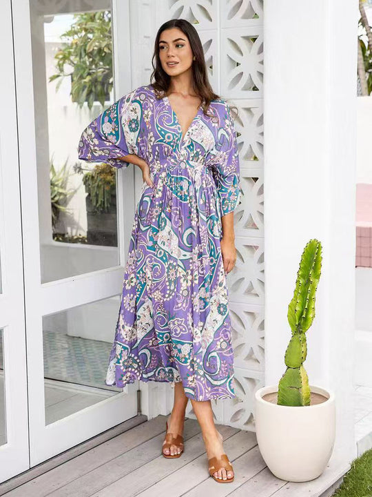 Damen Fließendes Strandkleid mit V-Ausschnitt und seitlichem Schlitz EB