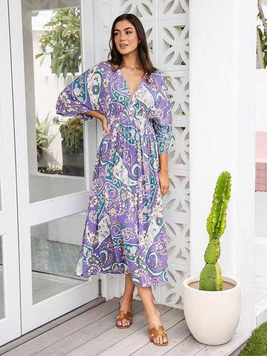 Damen Fließendes Strandkleid mit V-Ausschnitt und seitlichem Schlitz EB
