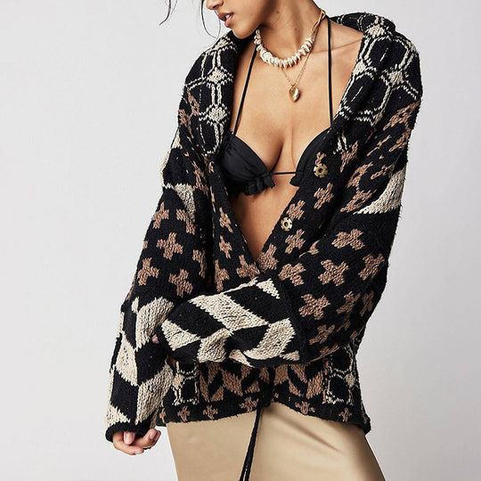 Damen Oversized Strickjacke mit Schalkragen und grafischem Muster EB