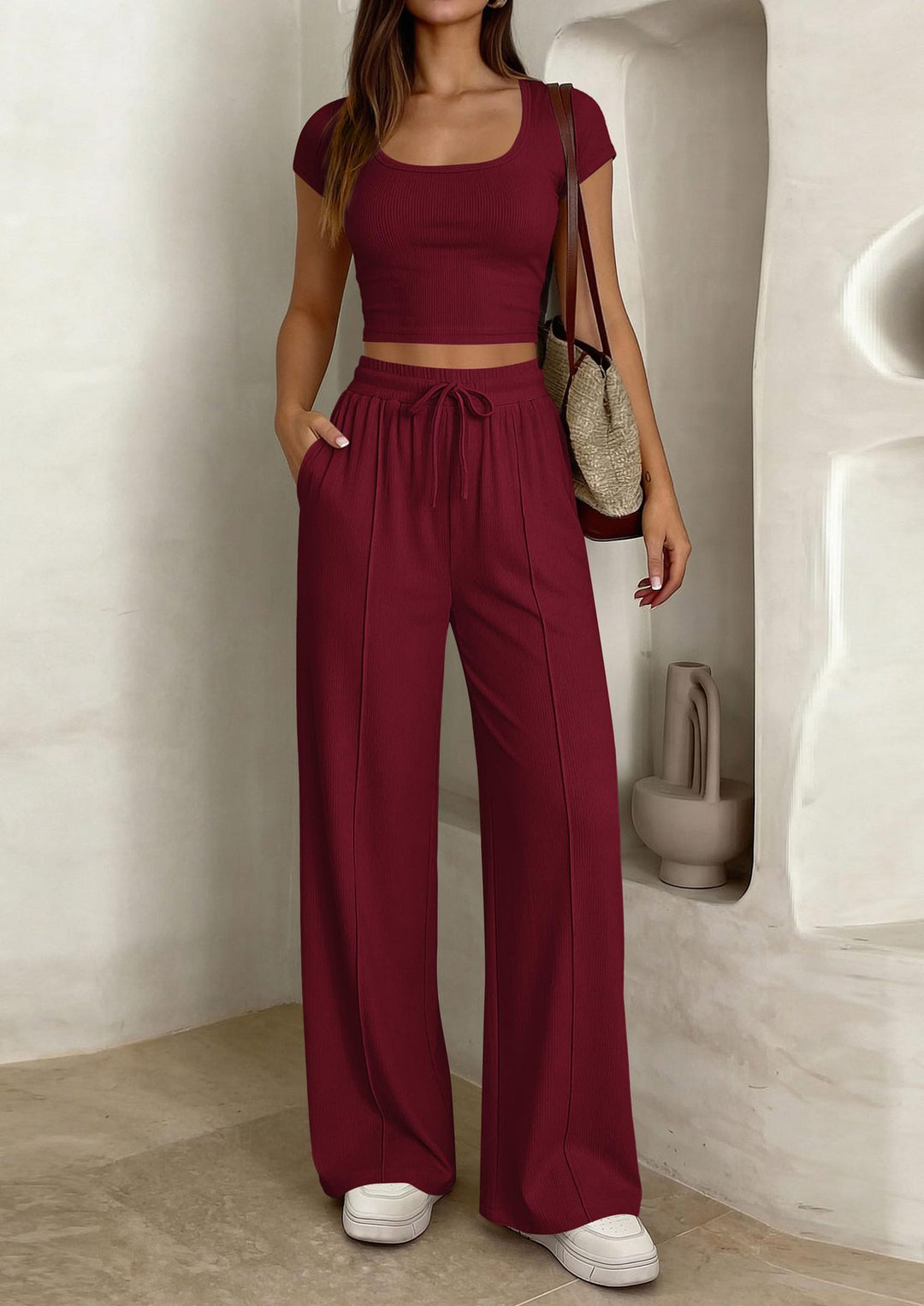 Damen lässiges Cropped-Top und weite Hose Set EB