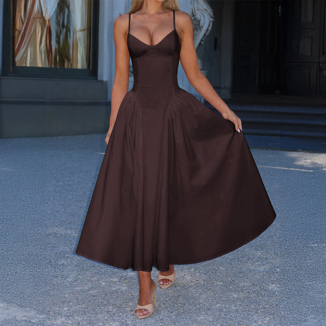 Damen A-linien Abendkleid mit verstellbaren Spaghettiträgern und schwingendem Rock EB